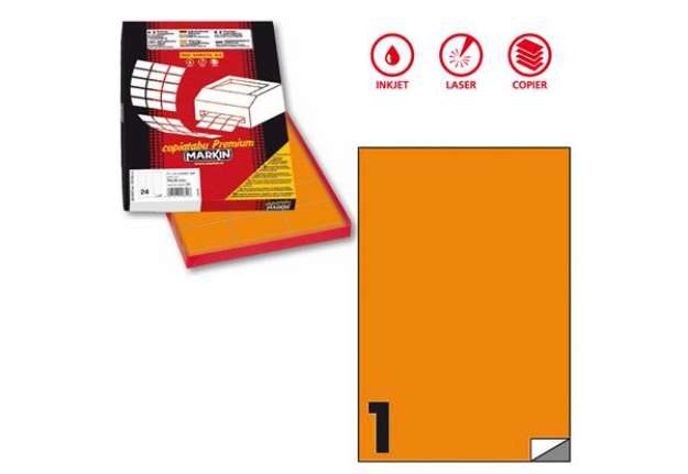 Immagine di Etichette adesive C/503 - in carta - permanenti - 210 x 297 mm - 1 et/fg - 100 fogli - arancio fluo