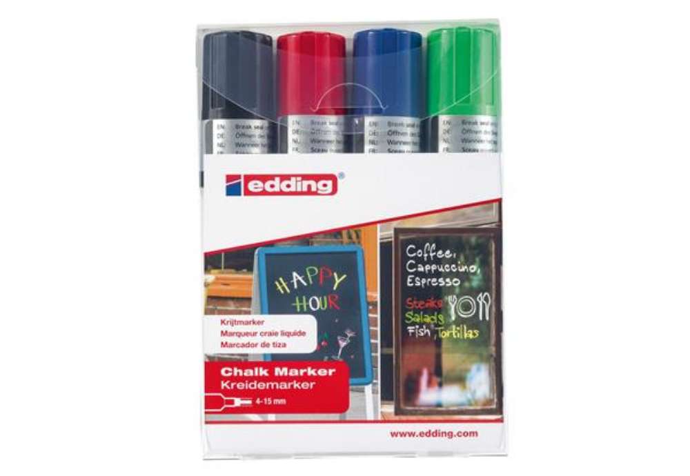 Immagine di Marcatore a gesso liquido 4090 - punta scalpello - da 4 a 15mm - Edding - astuccio 4 pezzi