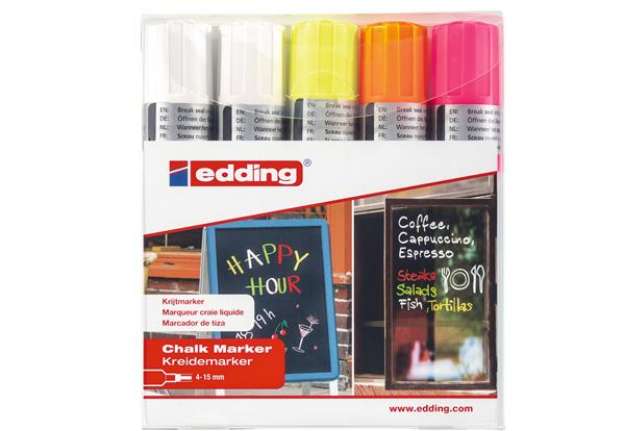 Immagine di Marcatore a gesso liquido 4090 - punta scalpello - da 4 a 15mm - Edding - astuccio 5 pezzi