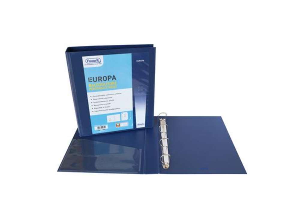 Immagine di Raccoglitore personalizzabile Europa - 4 anelli a D 30 mm - dorso 4 cm - 22x30 cm - blu - Favorit