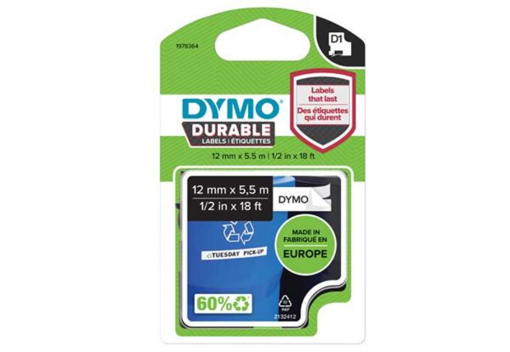 Immagine di Nastro D1 Durable 1978364 - 12 mm x 5,5 mt - vinile - nero/bianco - Dymo