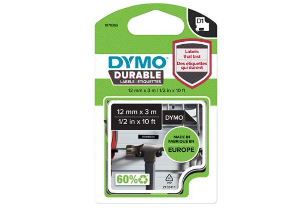 Immagine di Nastro D1 Durable 1978365 - 12 mm x 3 mt - vinile - nero/bianco - Dymo