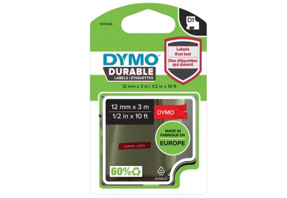 Immagine di Nastro D1 Durable 1978366 - 12 mm x 3 mt - vinile - bianco/rosso - Dymo