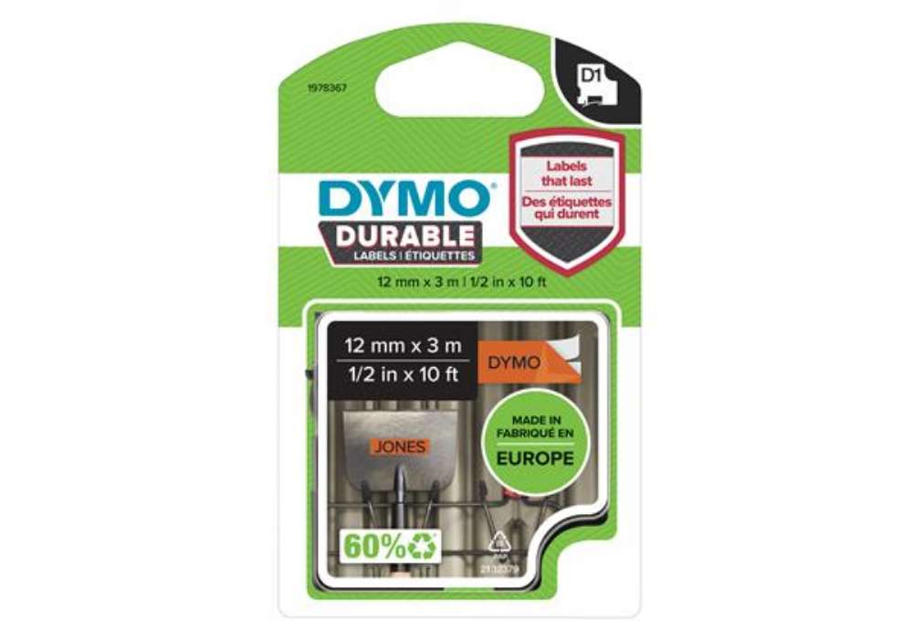 Immagine di Nastro D1 Durable 1978367 - 12 mm x 3 mt - vinile - nero/arancio - Dymo