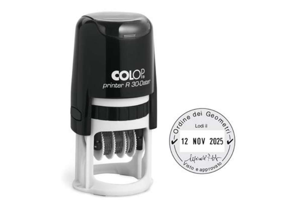 Immagine di Timbro datario R30 - diametro 30 mm - 4 righe - autoinchiostrante - personalizzabile - Colop