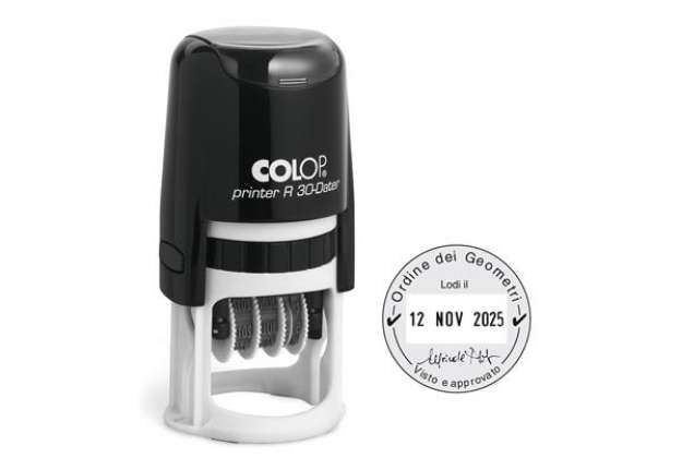 Immagine di Timbro datario R30 - diametro 30 mm - 4 righe - autoinchiostrante - personalizzabile - Colop
