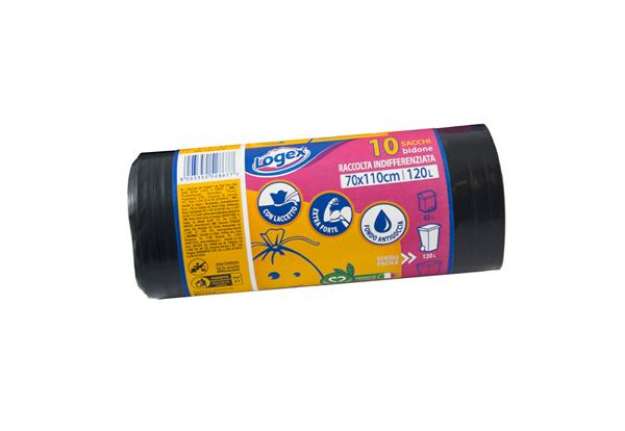 Immagine di Sacchi per immondizia - 70x110 cm - 120 L - 43 micron - nero - Logex Professional - rotolo da 10 sac