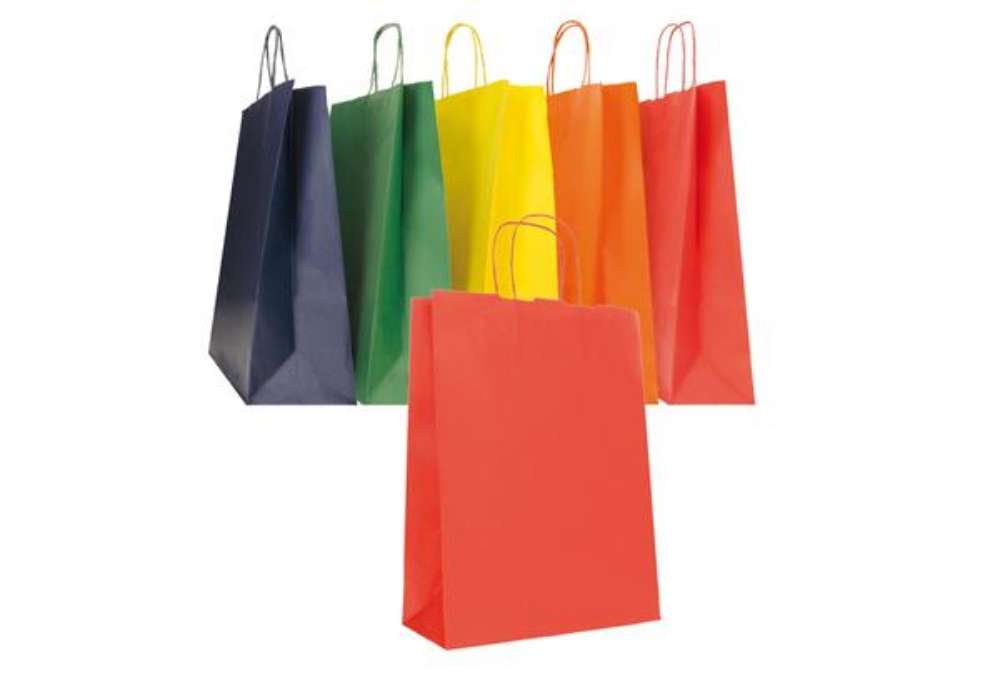 Immagine di Shopper Twisted - maniglie cordino - 18 x 8 x 24 cm - carta biokraft - colori assortiti autunno/inve