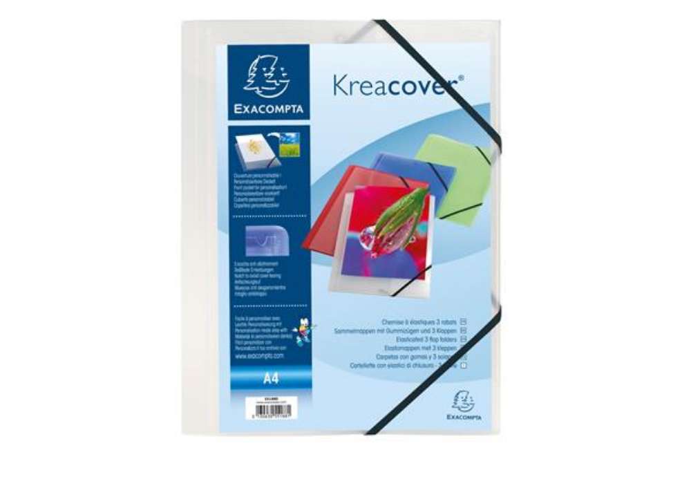 Immagine di Cartella 3 lembi con elastico angolare Kreacover - A4 - dorso 1,5 cm - PP - bianco trasparente - Exa
