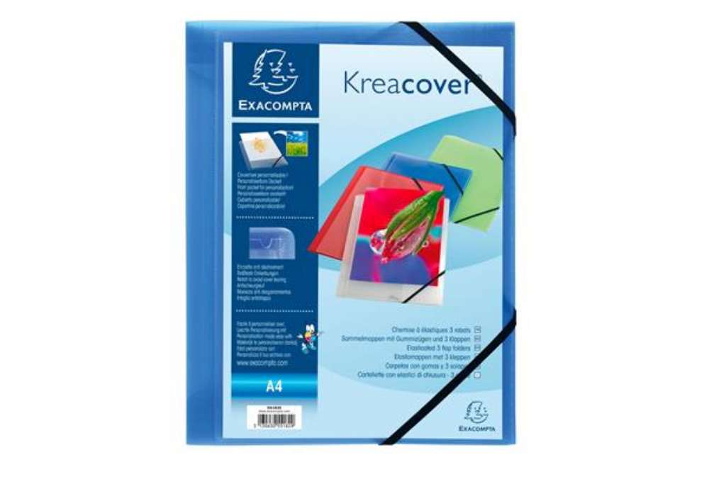 Immagine di Cartella 3 lembi con elastico angolare Kreacover - A4 - dorso 1,5 cm - PP - blu trasparente - Exacom