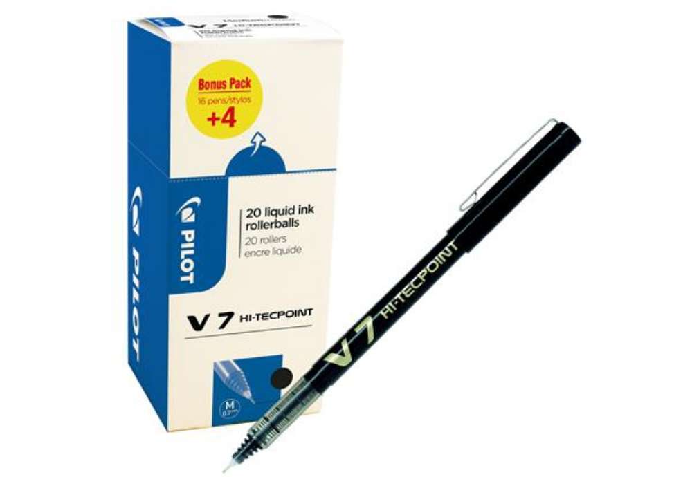 Immagine di Roller con cappuccio Hi Tecpoint V7  - punta 0,7mm - nero  - Pilot - conf. 16 + 4 pezzi