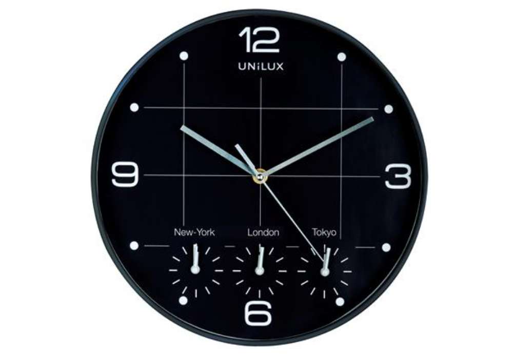 Immagine di Orologio da parete On Time - 4 fusi orari - diametro 30 cm - nero - Unilux