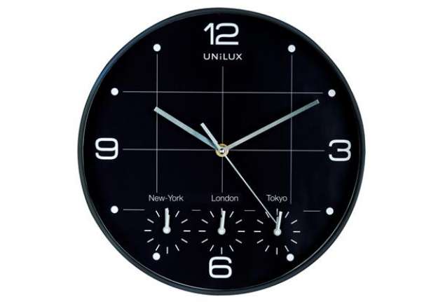 Immagine di Orologio da parete On Time - 4 fusi orari - diametro 30 cm - nero - Unilux