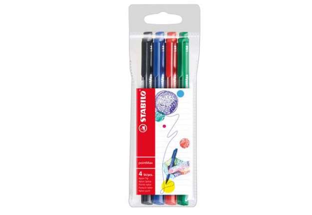 Immagine di Pennarello PointMax punta feltro - punta 0,80mm - Stabilo - astuccio 4 colori: blu, nero, rosso, ver