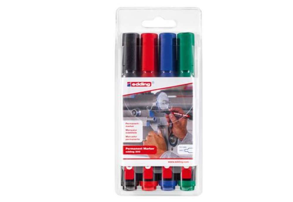 Immagine di Marcatore permanente 300 - punta conica - da 1,5 a 3 mm - colori assortiti - Edding - astuccio 4 pez