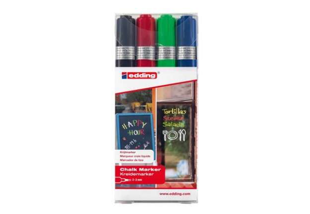 Immagine di Marcatore a gesso liquido 4095 - punta tonda - da 2 a 3mm - colori assortiti - Edding - astuccio 4 p