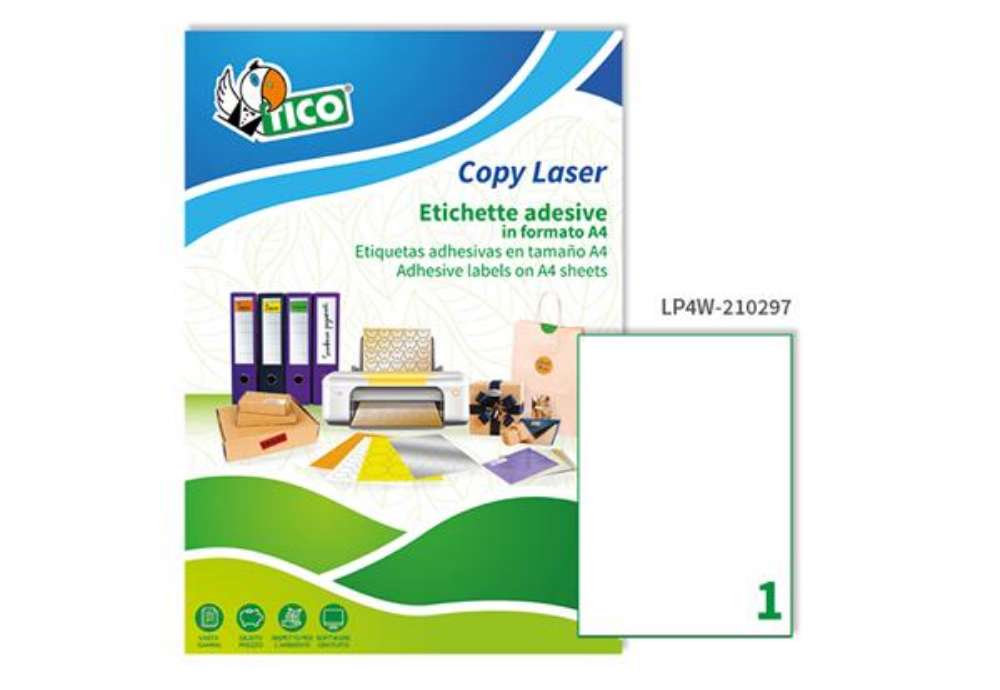 Immagine di Etichette adesive LP4W - in carta - permanenti - 210 x 297 mm - 1 et/fg - 100 fogli - bianco - Tico