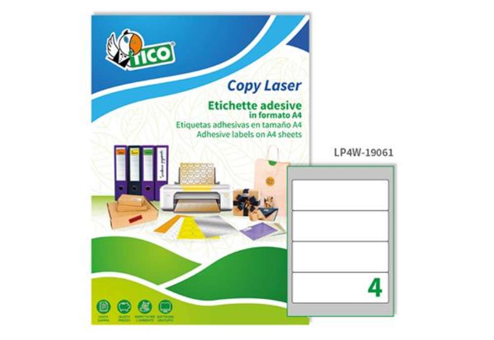 Immagine di Etichette adesive LP4W - in carta - angoli arrotondati - permanenti - 190 x 61 mm - 4 et/fg - 100 fo
