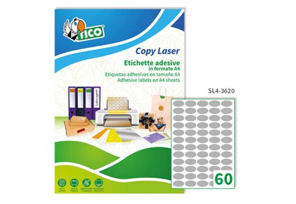 Immagine di Etichette adesive ovali SL4 - in carta - permanenti - 36 x 20 mm - 60 et/fg - 100 fogli - argento sa