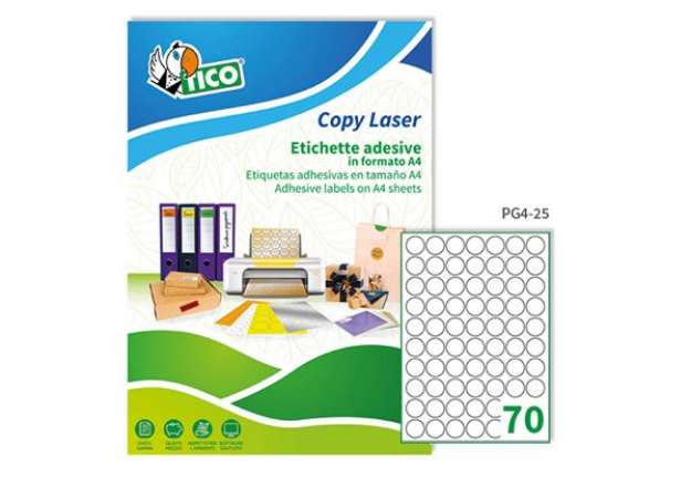 Immagine di Etichette adesive tonde PG4 - in carta - laser - permanenti - diametro 25 mm - 70 et/fg - 100 fogli