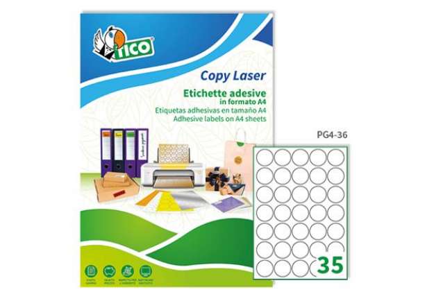 Immagine di Etichette adesive tonde PG4 - in carta - laser - permanenti - diametro 36 mm - 35 et/fg - 100 fogli