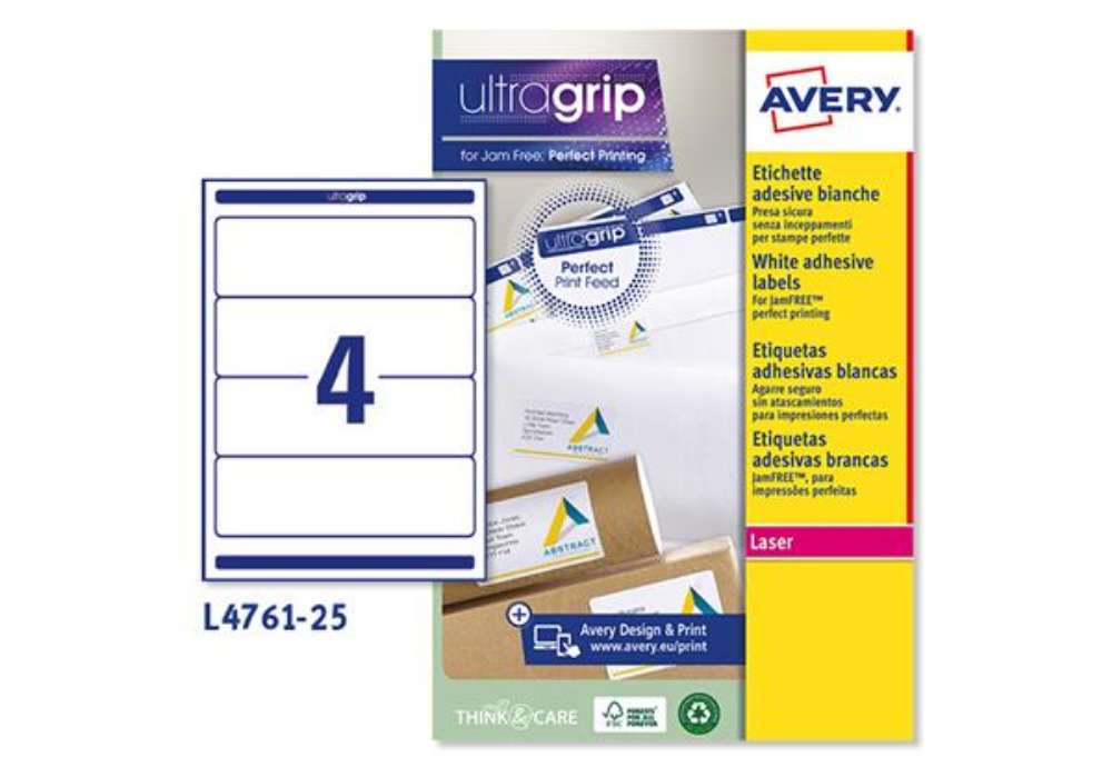Immagine di Etichette adesive L4761 - in carta - angoli arrotondati - permanenti - 192 x 61 mm - 4 et/fg - 25 fo
