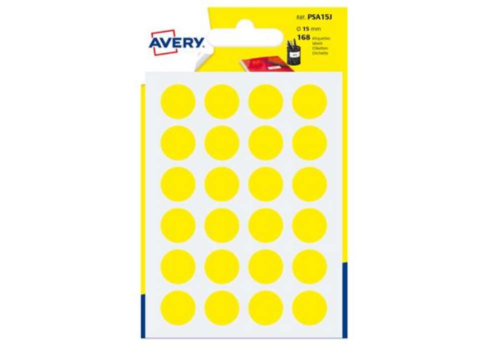 Immagine di Etichette adesive tonde PSA - in carta - permanenti - diametro 15 mm - 24 et/fg - 7 fogli - giallo -