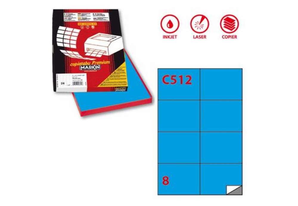 Immagine di Etichette adesive C/512 - in carta - permanenti - 105 x 74,25 mm - 8 et/fg - 100 fogli - blu - Marki