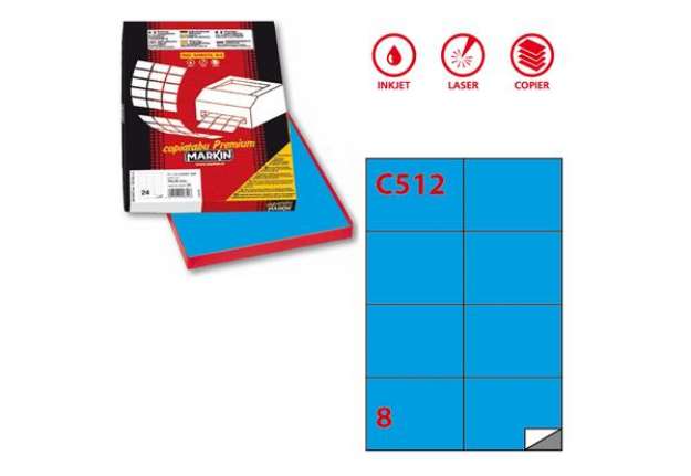 Immagine di Etichette adesive C/512 - in carta - permanenti - 105 x 74,25 mm - 8 et/fg - 100 fogli - blu - Marki