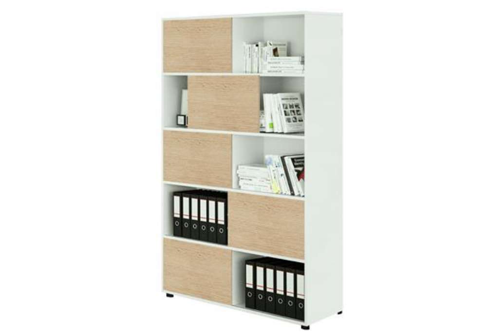 Immagine di Libreria alta Tetris a 5 ripiani ante scorrevoli - 120x35 x191 cm - bianco/rovere