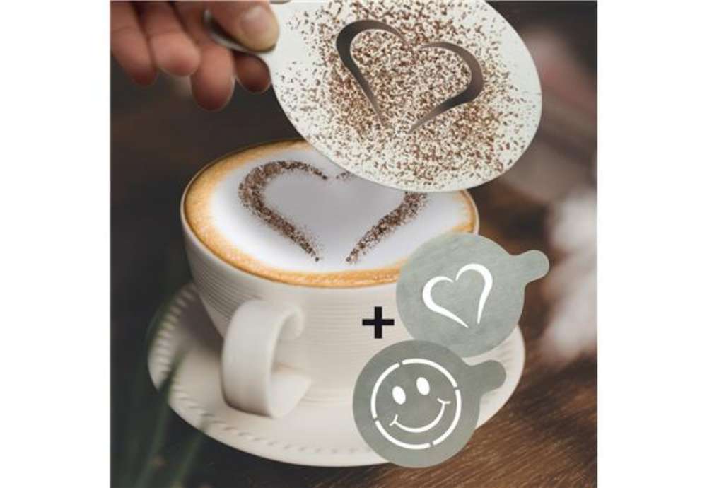Immagine di Stencil per caffè - 10 x 12,4 x 0,1 cm - forma cuore e smile - Securit - set 2 pezzi