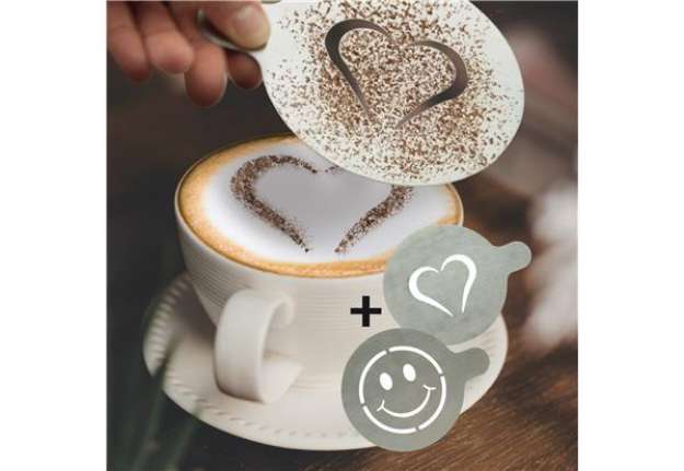 Immagine di Stencil per caffè - 10 x 12,4 x 0,1 cm - forma cuore e smile - Securit - set 2 pezzi