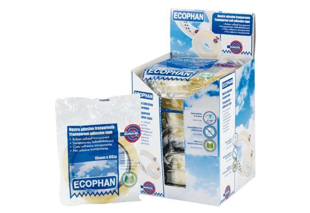 Immagine di Nastro adesivo Ecophan - confezionato singolarmente - 15 mm x 66 m - acrilico - trasparente - Euroce