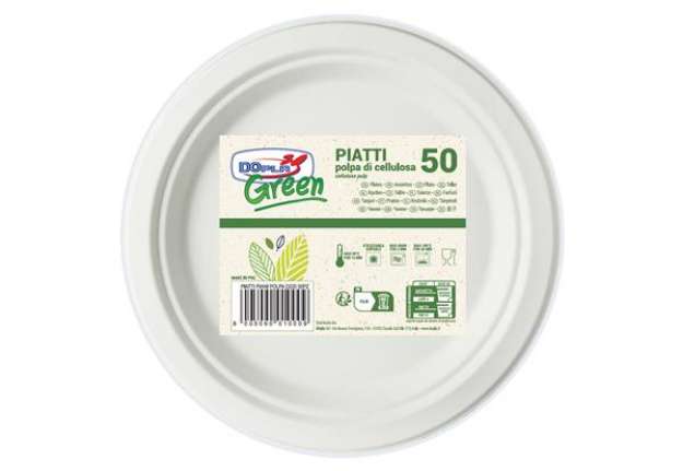 Immagine di Piatto piano monouso - rotondo - diametro 22 cm - cellulosa - bianco - Dopla Green - conf. 50 pezzi