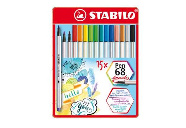 Immagine di Pennarelli Pen 68 Brush - colori assortiti - Stabilo - scatola metallo 15 pezzi