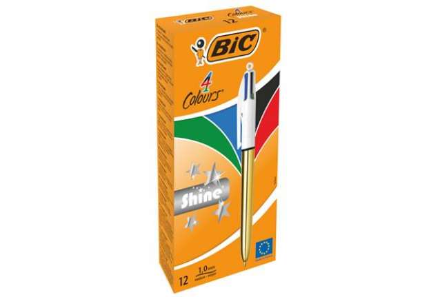Immagine di Penna sfera scatto multifunzione 4 Colors Shine - punta 1,0 mm - fusto oro - Bic – conf. 12 pezzi
