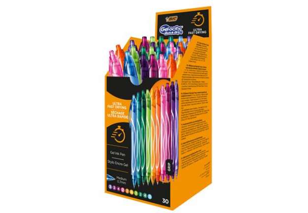 Immagine di Penna gel scatto Geolocity Quick Dry - punta 0,7 mm - 10 colori assortiti - Bic - box 30 pezzi