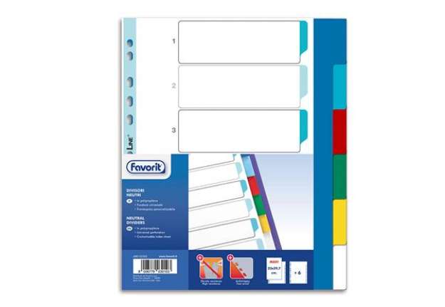 Immagine di Divisori Neutri a 6 tacche - PP - A4 maxi - colori assortiti - Favorit