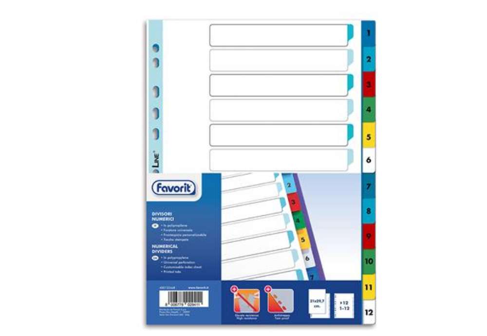 Immagine di Divisori numerici 12 tacche - A4 - PP - colori assortiti - Favorit