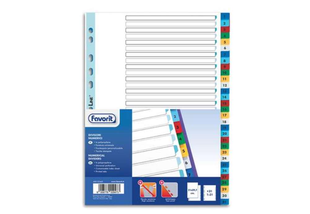 Immagine di Divisori numerici 31 tacche - A4 - PP - colori assortiti - Favorit