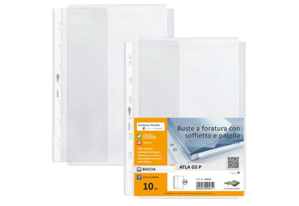 Immagine di Buste forate ATLA GS P - 21 x 29,7 cm - PP - c/soffietto e patella - trasparente buccia - Sei Rota -