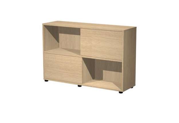 Immagine di Libreria bassa Tetris a 2 ripiani ante scorrevoli - 120x35x79 cm - rovere/rovere