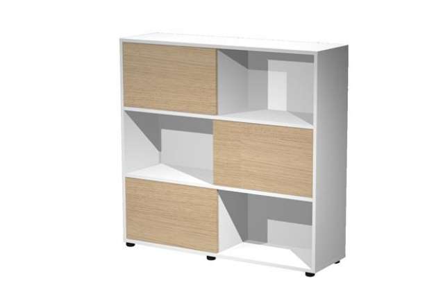 Immagine di Libreria bassa Tetris a 3 ripiani ante scorrevoli - 120x35x116 cm - rovere/bianco