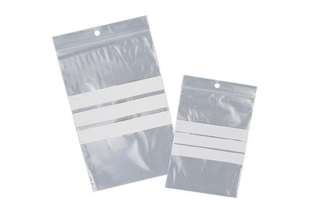 Immagine di Sacchetto zip - con bande scrivibili e foro - 12 x 17 cm - 50 micron - PE - Viva - conf. 100 pezzi