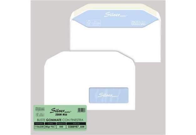 Immagine di Busta Silver Matic Lux FSC - con finestra - gommata - 11 x 23 cm - 80 gr - bianco - Pigna Envelopes