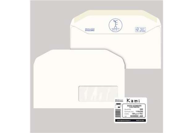 Immagine di Busta Kami Gommata - con finestra - 11 x 23 cm - 100 gr - carta riciclata FSC - bianco - Pigna Envel