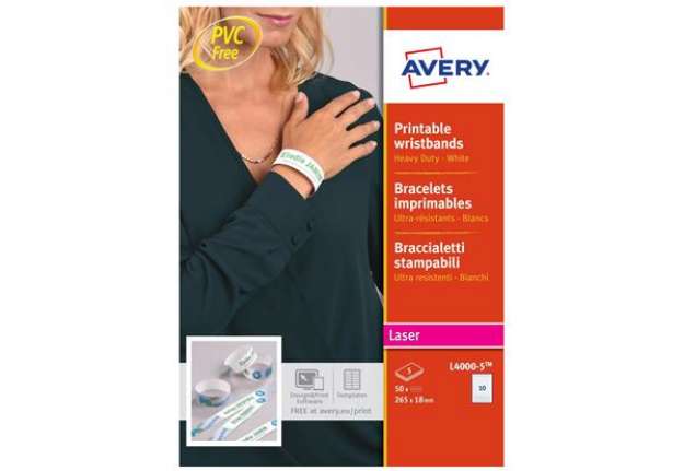Immagine di Braccialetti identificativi stampabili - 5 fogli - 10 et/fg - A4 - PE - bianco - Avery