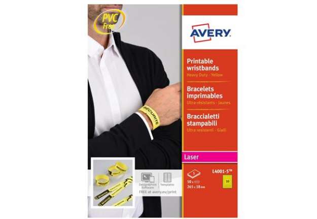 Immagine di Braccialetti identificativi stampabili - 5 fogli - 10 et/fg - A4 - PE - giallo - Avery