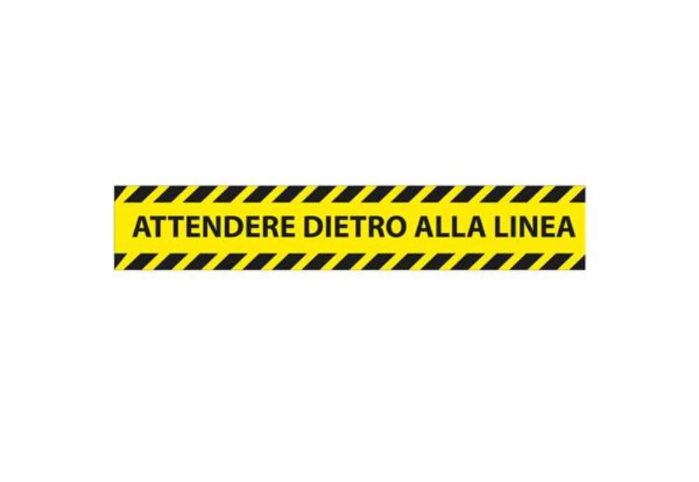 Immagine di Adesivo da terra - "attendere dietro alla linea" - 45 x 8 cm - Studio T - conf. 5 pezzi