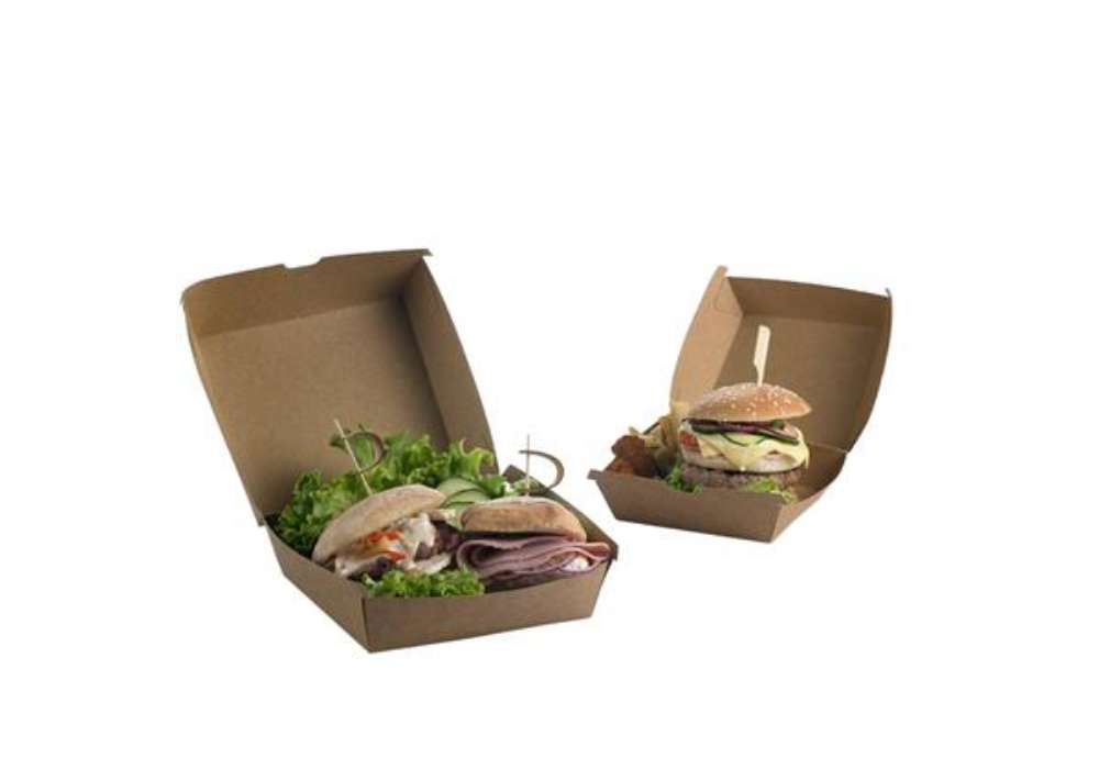 Immagine di Scatole per hamburger Street Food in carta kraft - 16 x 16 x 9 cm - Leone - conf. 50 pezzi